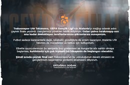 Başkanımız Ertuğrul Doğan'dan, UEFA Gençlik Ligi'nde Çeyrek Final’e yükselen U19 Takımımıza tebrik.